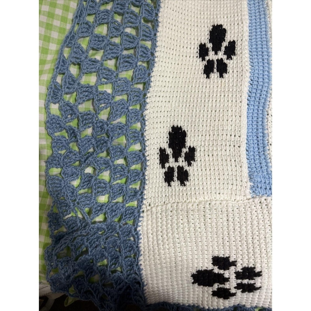 Crochet Blue White Brown Baby Blanket Afghan Handmade Puppy Dog 50x60" - Picture 4 of 10